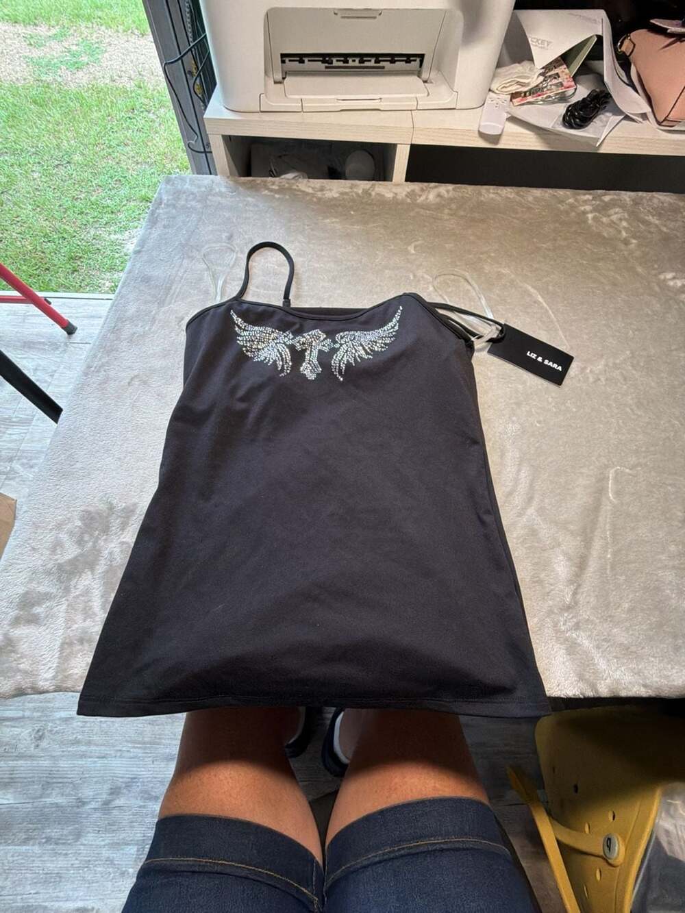 Liz & Sara Black Spaghetti Strap Tank Top with Rhinestone Wing Detail